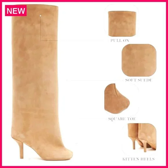 Suede Knee High Boots Square Toe Stiletto Heels Wide Calf Tall Boots - Picture 5 of 8